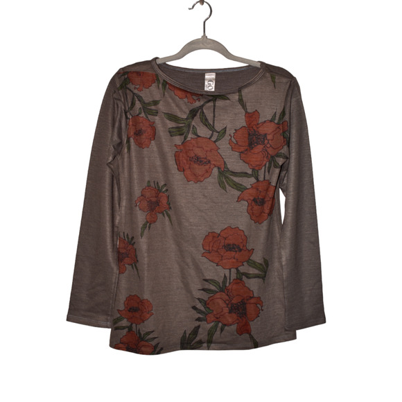 GO COUTURE NEW‎ $78 Long Sleeve Round Neck Rose Print Top Gray Large - Picture 1 of 3